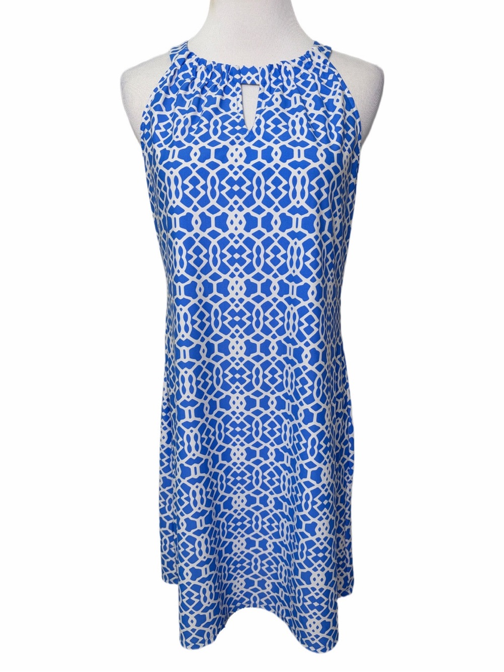 Jude Connally Blue and White Geometric Print Sleeveless Halter Style Dress